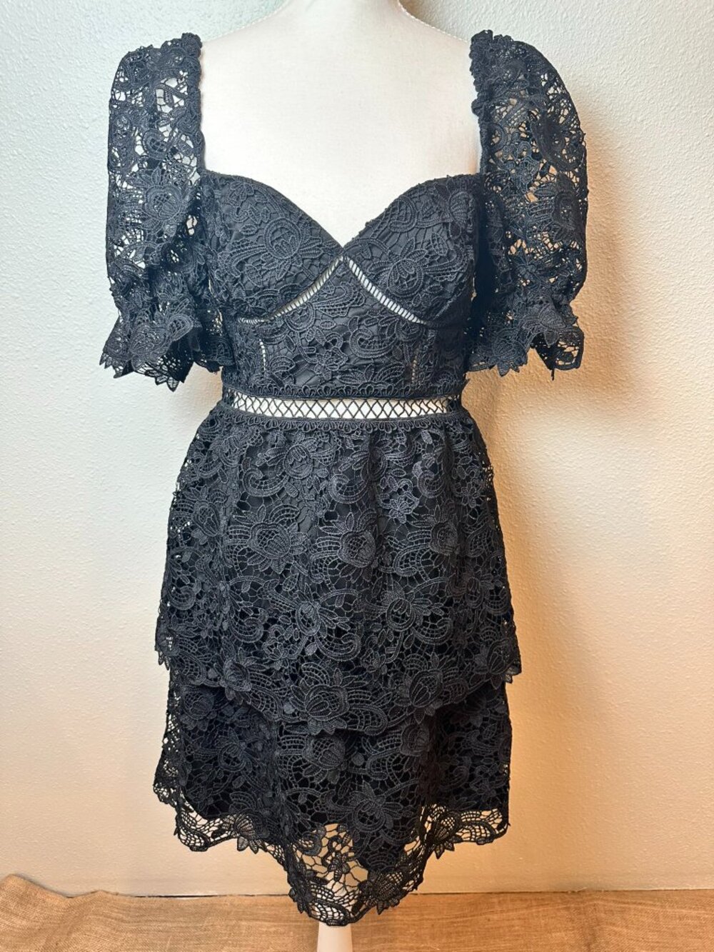 Bardot | Charlotte Lace Tiered Mini Dress in Black